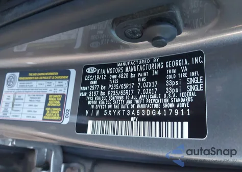 2013 Kia Sorento Lx из США, поврежденный, VIN 5XYKT3A63DG417911